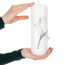 Artikel Hochzeitskerze Weiss mit Herzmotiv und Silberdetails, 230x80 mm
