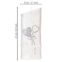 Artikel Hochzeits- und Silberhochzeitskerze aus Wachs, Weiss mit Silbermotiv, Herz- und Ringdekor, 210x85 mm
