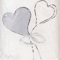 Artikel Hochzeits- und Silberhochzeitskerze aus Wachs, Weiss mit Silbermotiv, Herz- und Ringdekor, 210x85 mm