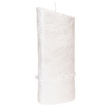 Artikel Hochzeits- und Silberhochzeitskerze aus Wachs, Weiss mit Silbermotiv, Herz- und Ringdekor, 210x85 mm