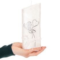 Artikel Hochzeits- und Silberhochzeitskerze aus Wachs, Weiss mit Silbermotiv, Herz- und Ringdekor, 210x85 mm