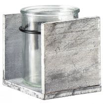 Artikel Teelichthalter aus Glas mit Holzrahmen in Grau-Weiss – 10x9x10 cm