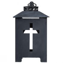 Artikel Laterne aus Metall mit Kreuzfenstern, antik grau, 13x27cm, für Aussen- und Grabdekoration