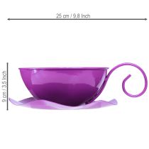 Artikel Metall Dekotasse mit Unterteller, Ø 16 cm, H 9 cm, Lila, 2er-Set