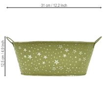 Artikel Ovale Metallschale Grün mit Sternen und Griffen 31×16×12,5cm für Innen und Dekoration