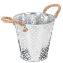 Artikel Metall-Pflanzgefäss mit Jutegriffen, Blumenmuster, Ø18cm, Silber