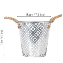 Artikel Metall-Pflanzgefäss mit Jutegriffen, Blumenmuster, Ø18cm, Silber