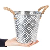 Artikel Metall-Pflanzgefäss mit Jutegriffen, Blumenmuster, Ø18cm, Silber