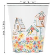 Artikel Metall-Pflanztopf Vogelhaus-Motiv H13 cm Ø11,5 cm Weiss-Bunt für Innen und Aussen