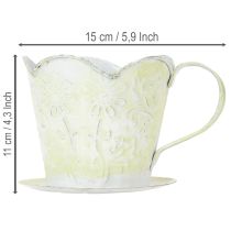 Artikel Pflanzgefäss Metalltasse mit Unterteller, Ø11cm H11cm, Grün-Weiss Shabby Chic