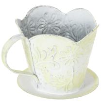 Artikel Pflanzgefäss Metalltasse mit Unterteller, Ø11cm H11cm, Grün-Weiss Shabby Chic