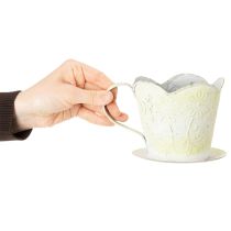 Artikel Pflanzgefäss Metalltasse mit Unterteller, Ø11cm H11cm, Grün-Weiss Shabby Chic