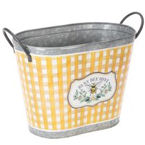 Artikel Pflanzkübel oval Metall Bienenmotiv kariert 38×24×29cm gelb-weiss für Balkon und Terrasse