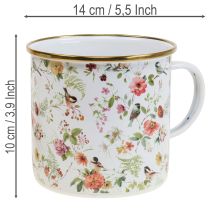 Artikel Pflanztasse aus Emaille Ø11cm mit Blumen- und Vogelmotiven, Metallbecher zum Bepflanzen