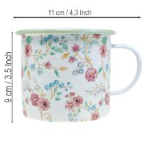 Artikel Pflanztasse aus Emaille Weiss Ø9,5cm mit Rosenmuster und Henkel – Dekorative Metallschale für Innen