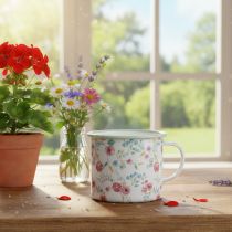 Artikel Pflanztasse aus Emaille Weiss Ø9,5cm mit Rosenmuster und Henkel – Dekorative Metallschale für Innen