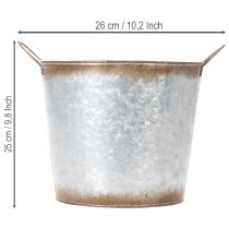 Artikel Pflanztopf aus Metall mit Griffen, Ø26cm H25,5cm, silbern mit Rostoptik