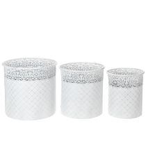 Artikel Pflanztopf-Set aus Metall mit Spitzenmuster, Shabby Chic, Weiss und Silbern, Ø29,5/25,5/20cm, H28/25,5/23,5cm, 3er-Set