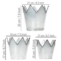 Artikel Blumentopf-Set Zink Krone, 3 Grössen: Ø21,5/19,5/17cm, Metall silber-schwarz
