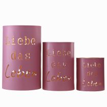 Artikel Windlicht-Set aus Metall „Liebe das Leben“ Fuchsia-Gold, Ø 13/10,5/9 cm, 3-teilig