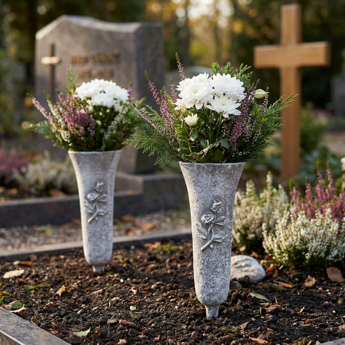 Grabvase Grau mit Rosenmotiv H26cm 2 Stück