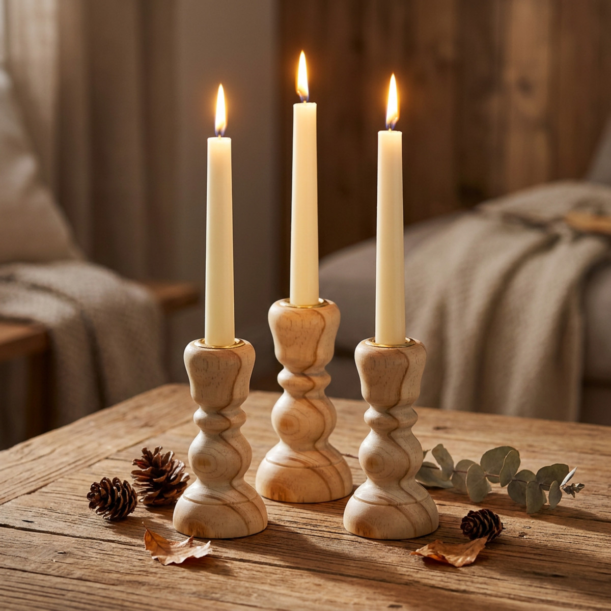 Kerzenhalter aus Holz Natur 3er-Set H11cm