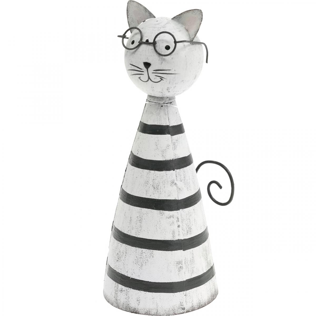 Katzenfigur Brille, Metall Dekofigur mit Stellen, Schwarz-Weiß zum Floristik24.ch H16cm Katze Ø7cm-02823