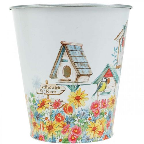 Artikel Blechtopf mit Vogelhäusern, Sommerdeko, Pflanzgefäß H14,5cm Ø13,5cm