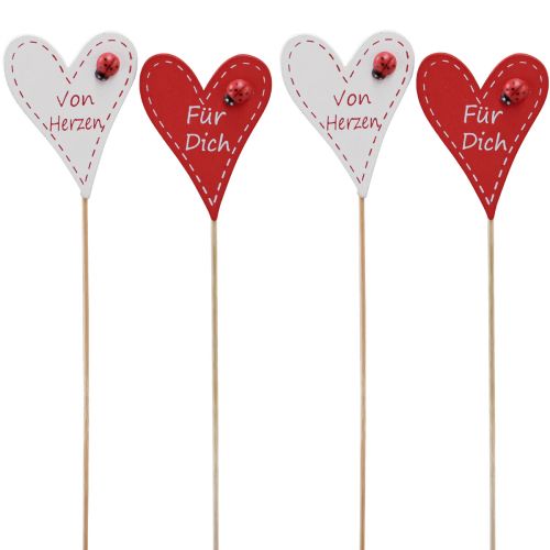 Blumenstecker Herz, Holzdeko zum Stecken, Valentinstag,  Dekostecker Rot, Muttertag L31–33cm 24St-03195