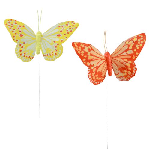 Artikel Deko Schmetterlinge am Draht Federn Orange Gelb 7×11cm 12St