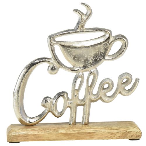 Metall Deko Coffee Silber Holz Sockel Natur 17,5x5x18cm