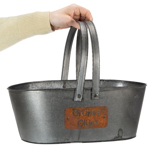 Pflanzkorb Metall Silbern „Grünes Glück“ mit Edelrost Schriftzug, 40 x 24 x 15 cm | Floristik24.ch