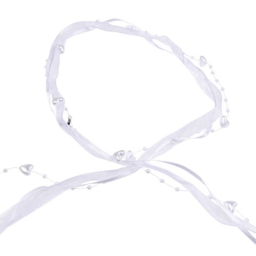 Artikel Hochzeitsdeko Organzaband Weiß 10mm x 5m mit Herzen & Perlen