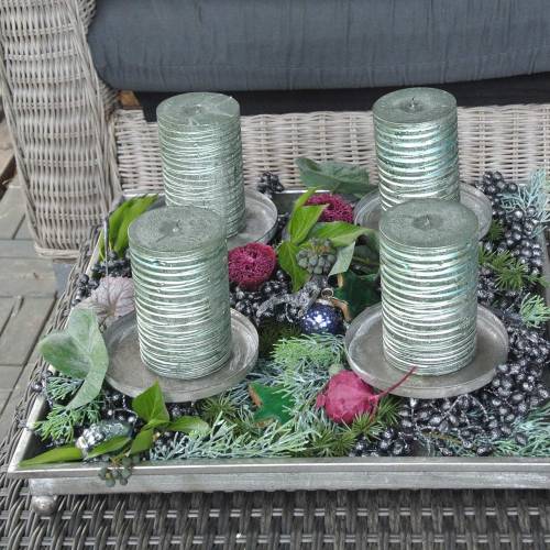 Floristik24 Advents-Tablett mit 4 Kerzenhaltern 40×40cm Antik-Look Metall/Glas Silbern