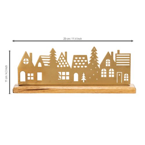 Häuser-Silhouette aus mattgoldenem Metall auf Holzsockel, 29 cm | Floristik24.ch