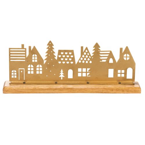 Häuser-Silhouette aus mattgoldenem Metall auf Holzsockel, 29 cm | Floristik24.ch
