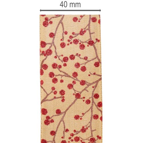 Dekoband Zweige mit roten Glitterbeeren 40mm x 15m Beige-Braun | Floristik24.ch