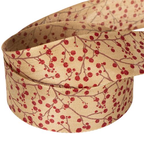 Dekoband Zweige mit roten Glitterbeeren 40mm x 15m Beige-Braun | Floristik24.ch