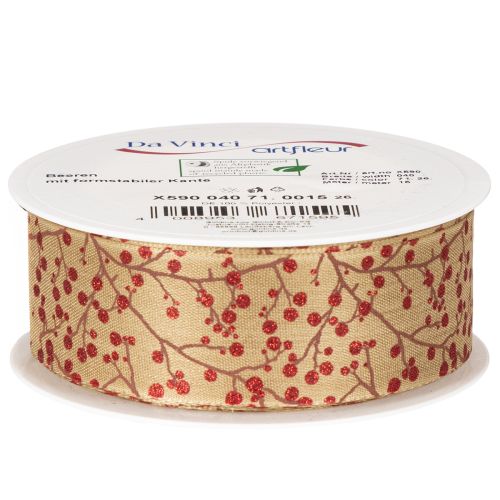 Dekoband Zweige mit roten Glitterbeeren 40mm x 15m Beige-Braun | Floristik24.ch