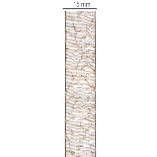 Dekoband Transparent aus Organza 15 mm x 20 m Schwarz mit goldenem Muster für Tisch- und Geschenkdekoration | Floristik24.ch