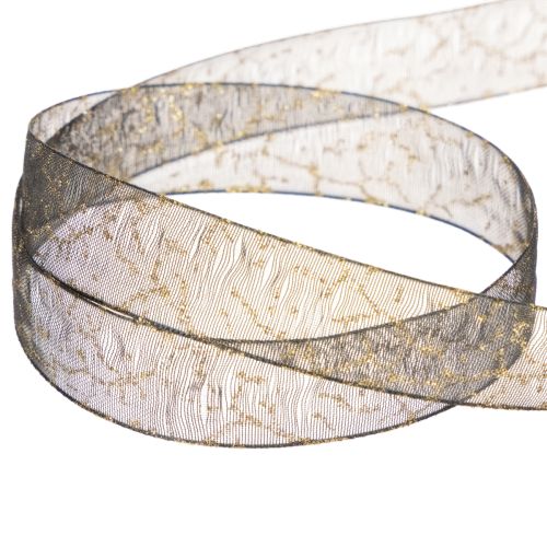 Dekoband Transparent aus Organza 15 mm x 20 m Schwarz mit goldenem Muster für Tisch- und Geschenkdekoration | Floristik24.ch