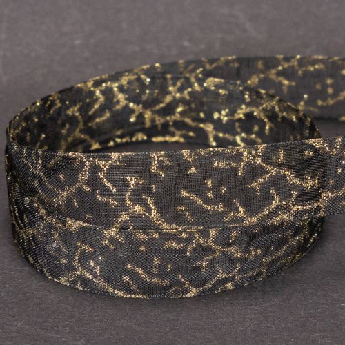 Dekoband Transparent aus Organza 15 mm x 20 m Schwarz mit goldenem Muster für Tisch- und Geschenkdekoration | Floristik24.ch