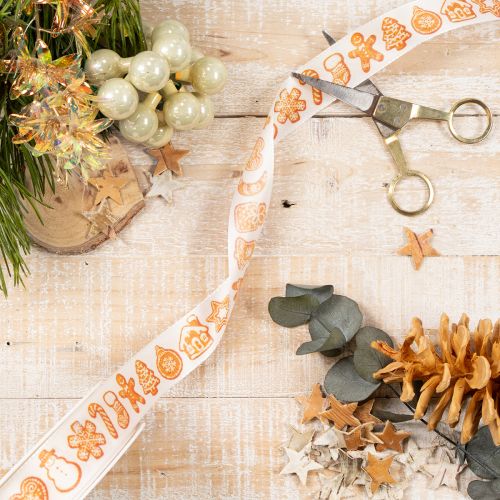 Geschenkband aus Polyester mit Lebkuchenmotiven 25 mm 18 m Weiss-Orange | Floristik24.ch