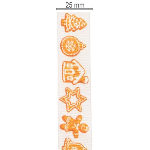 Geschenkband aus Polyester mit Lebkuchenmotiven 25 mm 18 m Weiss-Orange | Floristik24.ch