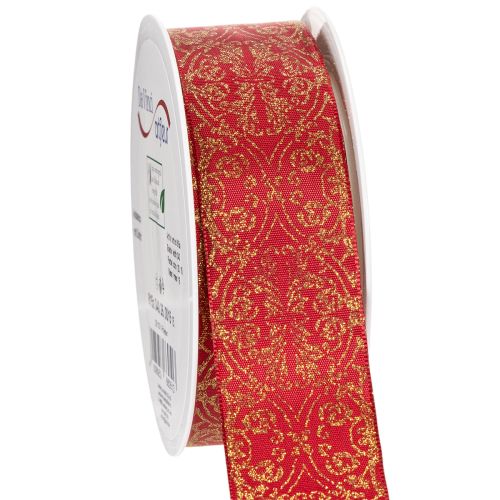 Geschenkband aus Polyester mit Drahtkante 40 mm x 15 m in Dunkelrot mit goldenem Muster | Floristik24.ch