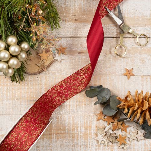 Geschenkband aus Polyester mit Drahtkante 40 mm x 15 m in Dunkelrot mit goldenem Muster | Floristik24.ch