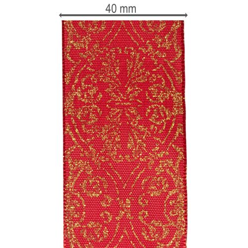Geschenkband aus Polyester mit Drahtkante 40 mm x 15 m in Dunkelrot mit goldenem Muster | Floristik24.ch