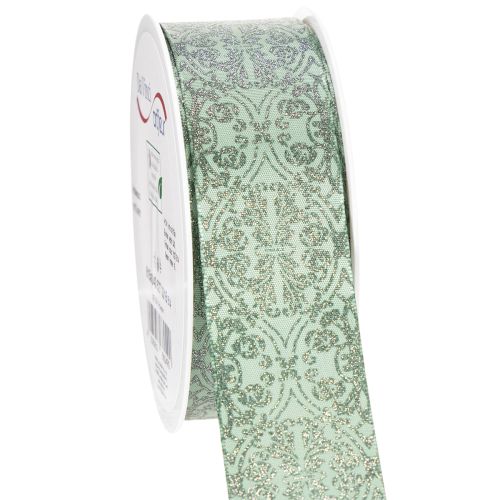Geschenkband aus Polyester mit floralem Muster 40mm x 15m in Salbeigrün