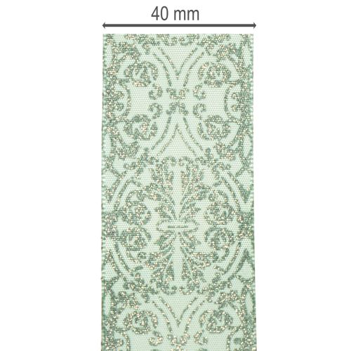 Geschenkband aus Polyester mit floralem Muster 40mm x 15m in Salbeigrün | Floristik24.ch