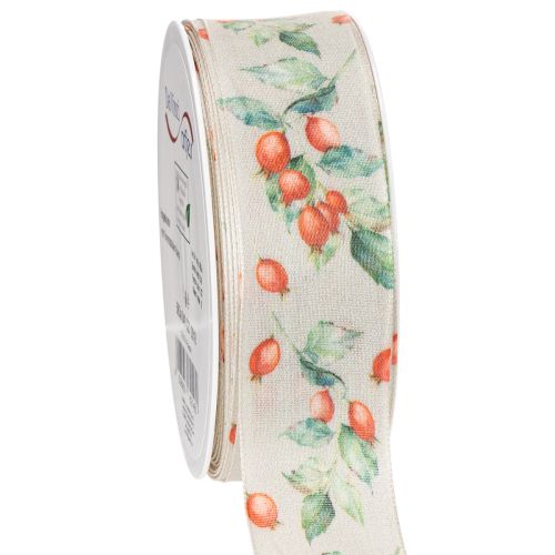 Geschenkband aus Polyester mit Hagebuttenmotiv und Blättern, 40 mm breit, 18 m lang